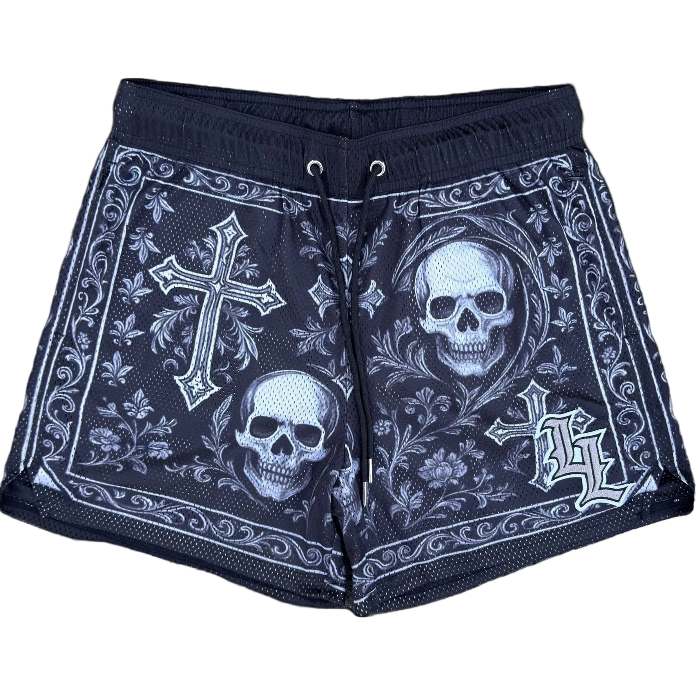 Front view of black gothic skull and cross mesh gym shorts