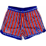 Red, white, and blue striped shorts with American flag design on a white background