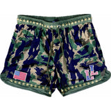Camouflage shorts with American flag and 'LL' logo on a white background