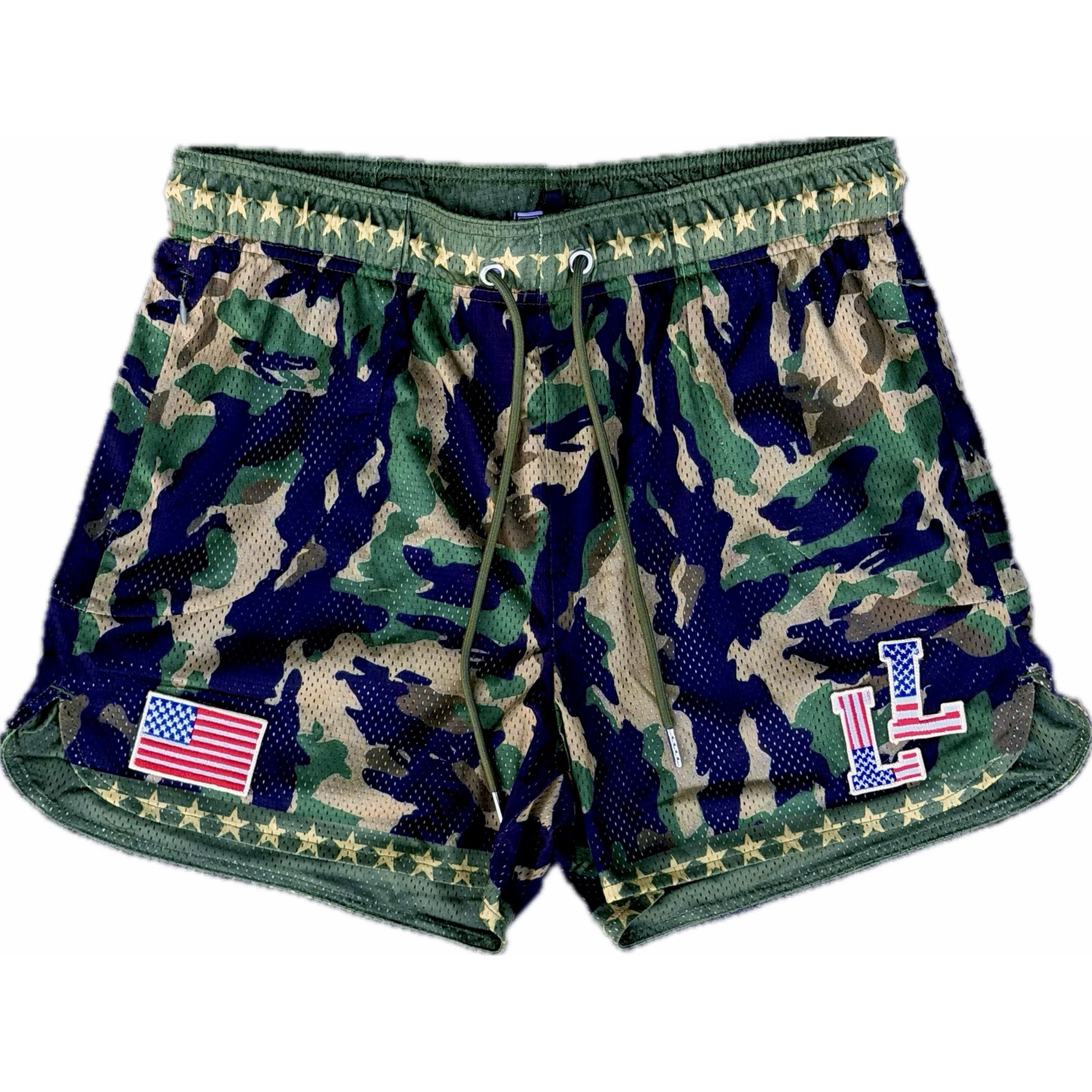 Camouflage shorts with American flag and 'LL' logo on a white background