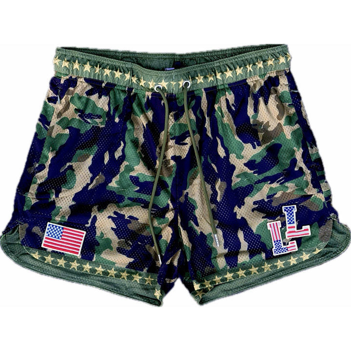 Translation missing: en.Camouflage shorts with American flag and 'LL' logo on a white background