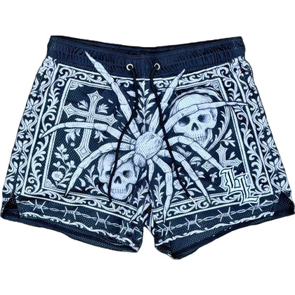Front view of Gothic mesh shorts with skull and spider.