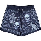 Front view of black gothic skull and cross mesh gym shorts