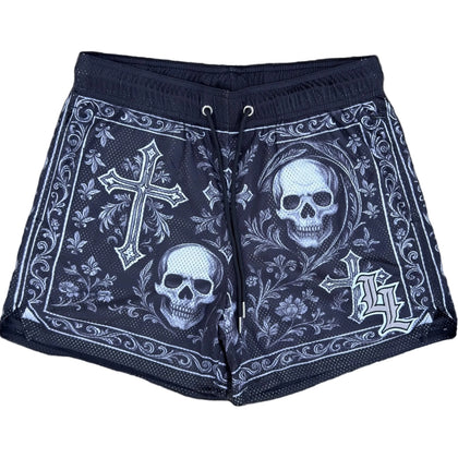 Front view of black gothic skull and cross mesh gym shorts