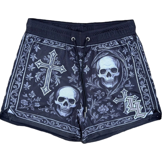 Front view of black gothic skull and cross mesh gym shorts