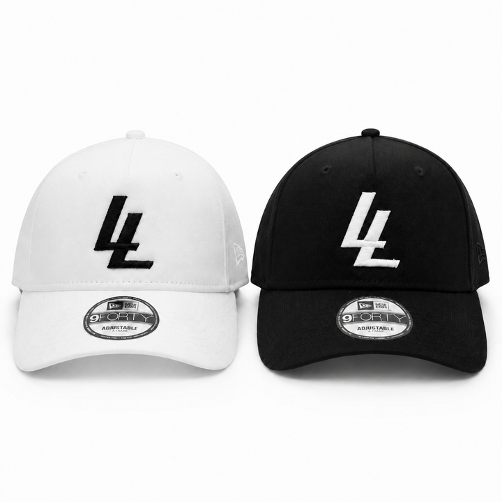 Translation missing: en.Two baseball caps shown side by side on a light gray background: one white cap with a black embroidered 'LL' logo and one black cap with a white embroidered 'LL' logo. Both caps have oval New Era 9FORTY stickers on the brim