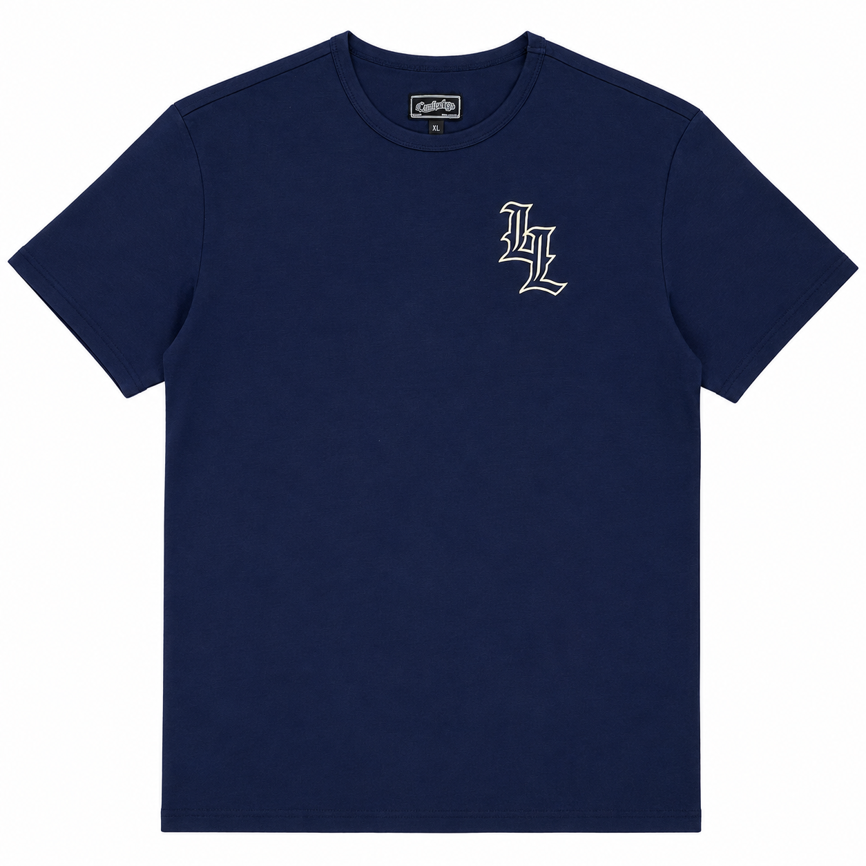 Translation missing: en.A navy blue short-sleeve crewneck t-shirt with a white embroidered gothic-style 'LL' logo on the left chest, displayed on a clean white background