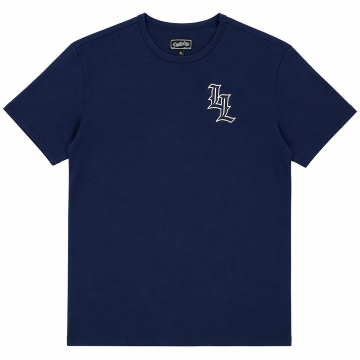 Translation missing: en.A navy blue short-sleeve crewneck t-shirt with a white embroidered gothic-style 'LL' logo on the left chest, displayed on a clean white background