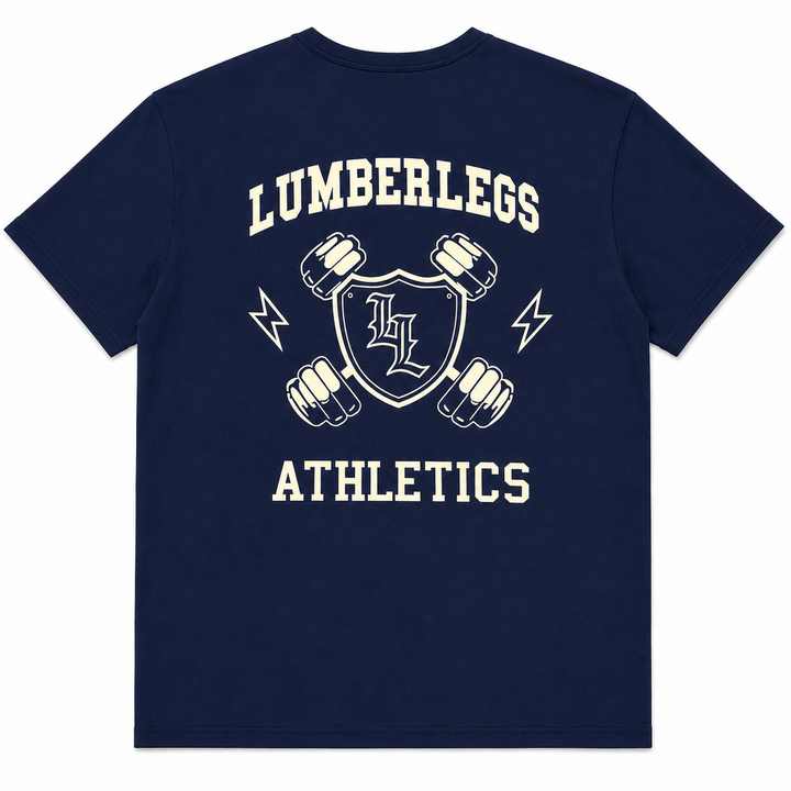 Translation missing: en.A navy blue short-sleeve t-shirt with a cream-colored graphic on the back. The graphic features the words 'LUMBERLEGS ATHLETICS' surrounding a central shield with a stylized letter 'L' and crossed dumbbells