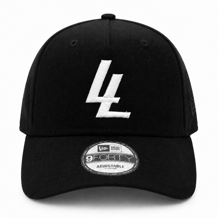 Translation missing: en.A black baseball cap with a white embroidered 'LL' logo on the front, featuring a curved brim with a New Era 9FORTY sticker and a small black logo on the side, set against a plain white background