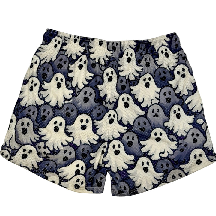 Translation missing: en.A pair of athletic shorts featuring an all-over Halloween ghost pattern on mesh fabric, laid flat against a light gray background