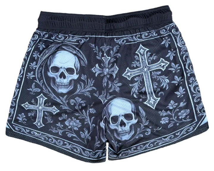 Translation missing: en.Back view of black gothic skull and cross mesh gym shorts