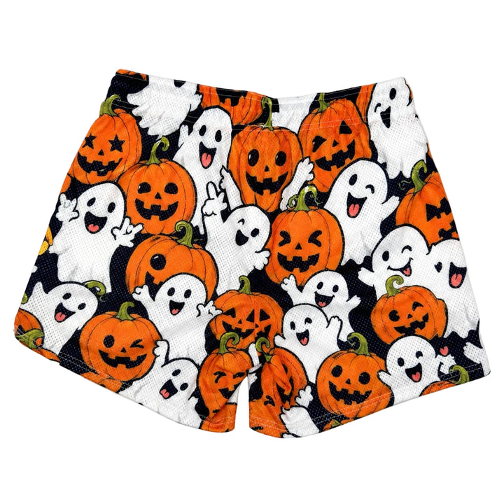 Translation missing: en.A pair of athletic shorts  featuring a festive Halloween print with orange jack-o'-lanterns, white ghosts, and black background details