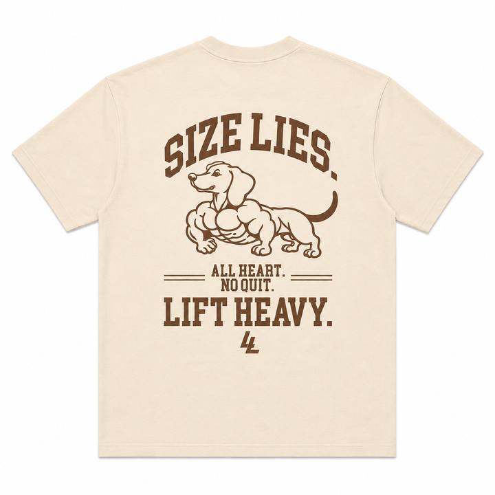 Translation missing: en.A cream-colored short-sleeve t-shirt with a brown graphic print on the back. The graphic features a muscular dachshund and the text 'SIZE LIES