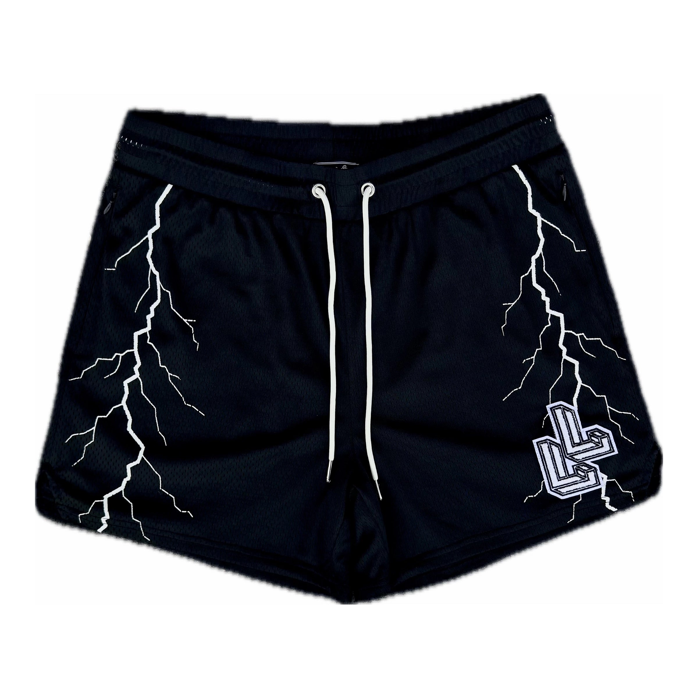 Black Storm Within Us quad-fit mesh gym shorts for lifters with white lightning bolt design.