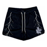 Black Storm Within Us quad-fit mesh gym shorts for lifters with white lightning bolt design.