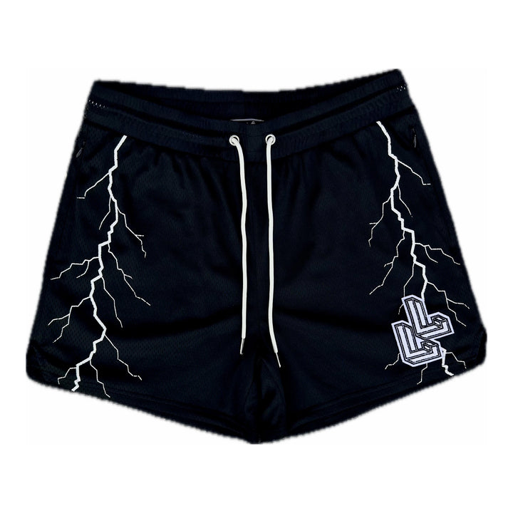 Translation missing: en.Black Storm Within Us quad-fit mesh gym shorts for lifters with white lightning bolt design
