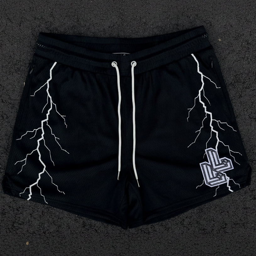 Black shorts with white lightning strike front view