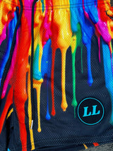 Pump Paint bright paint dripping on black background mesh gym shorts with LL logo patch.