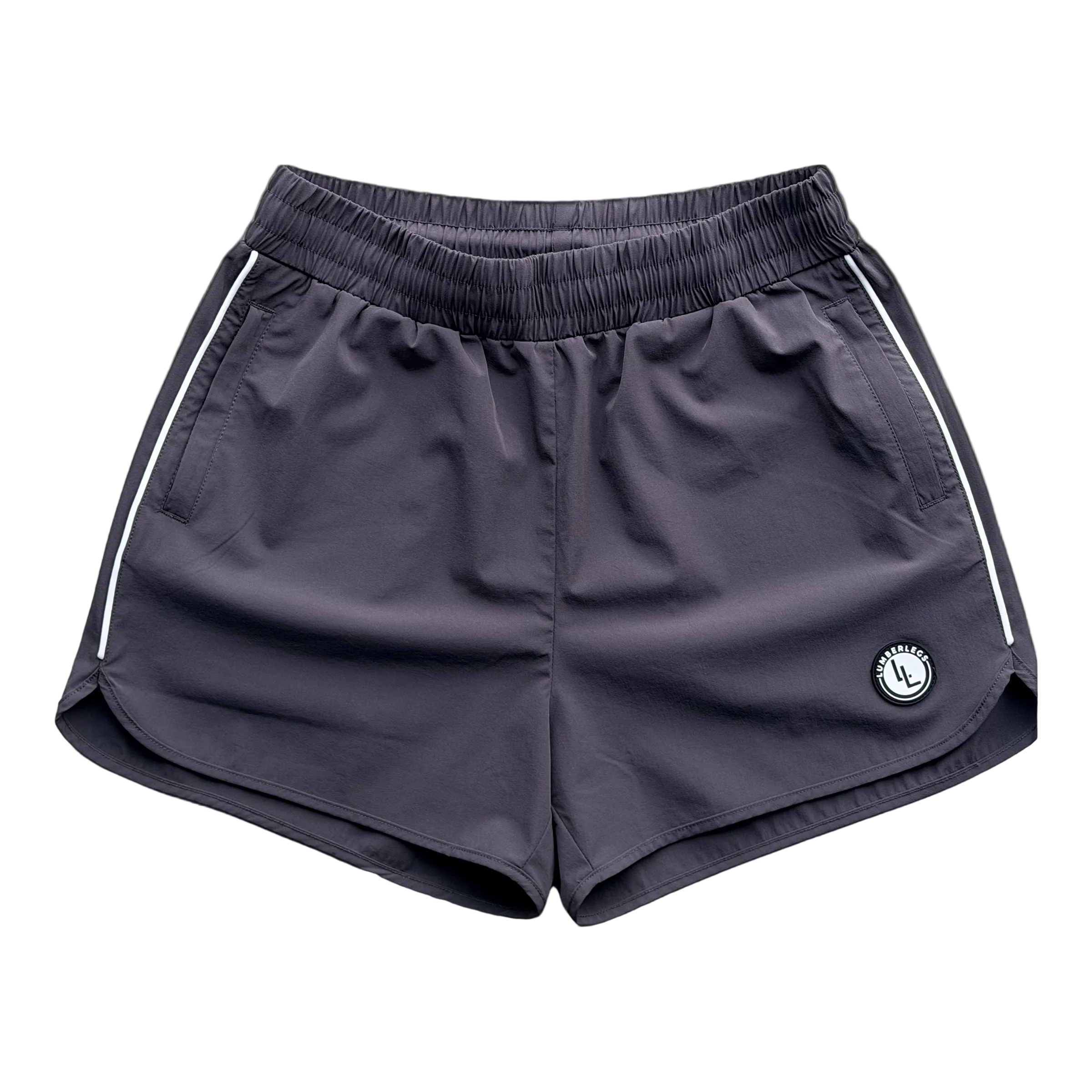 Dark Grey 3" inseam gym shorts for lifters with side pockets and LL rubber patch logo.