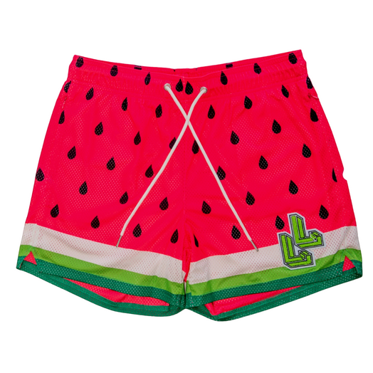 Dead Ripe Watermelon mesh gym shorts with 4 inch and 6 inch inseam options by LumberLegs