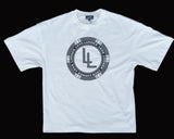 White t-shirt with a circular logo on a gray textured background