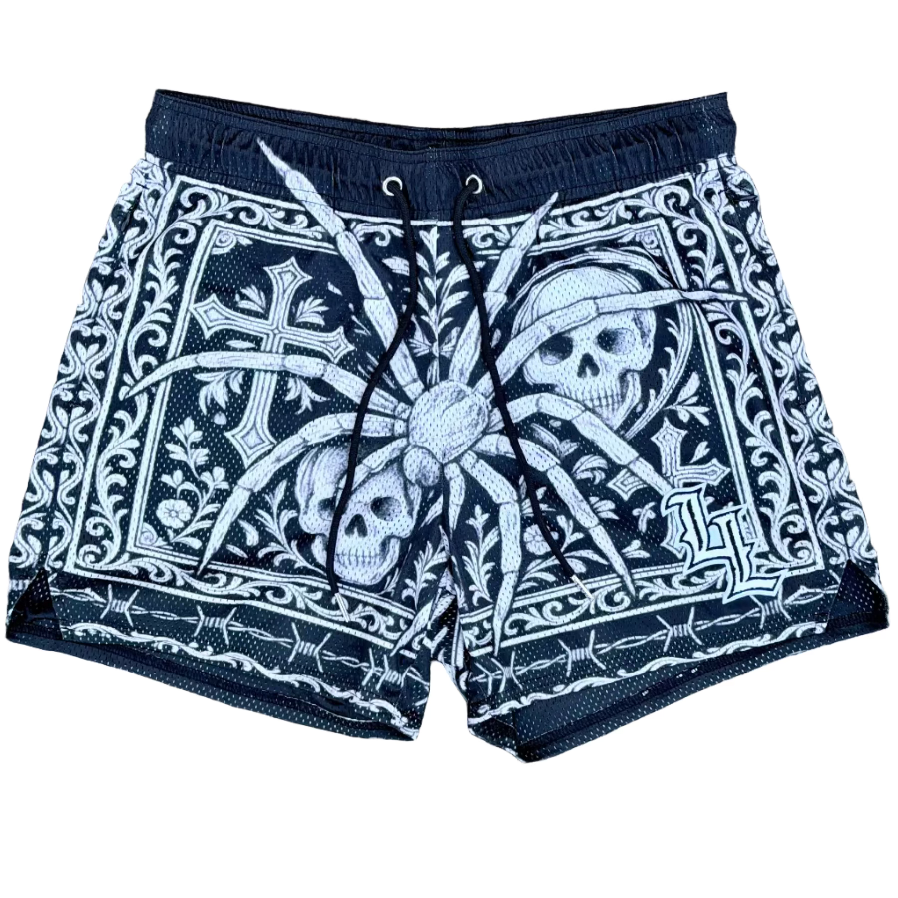 Front view of Gothic mesh shorts with skull and spider.