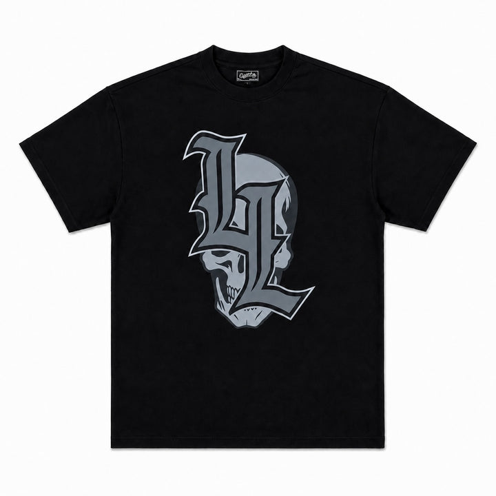Translation missing: en.Black gothic oversized t-shirt with a large leg day death logo 