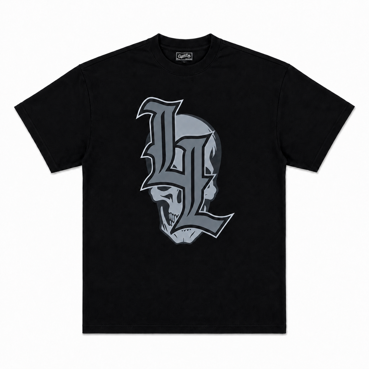 Black gothic oversized t-shirt with a large leg day death logo 