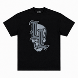 Black gothic oversized t-shirt with a large leg day death logo 