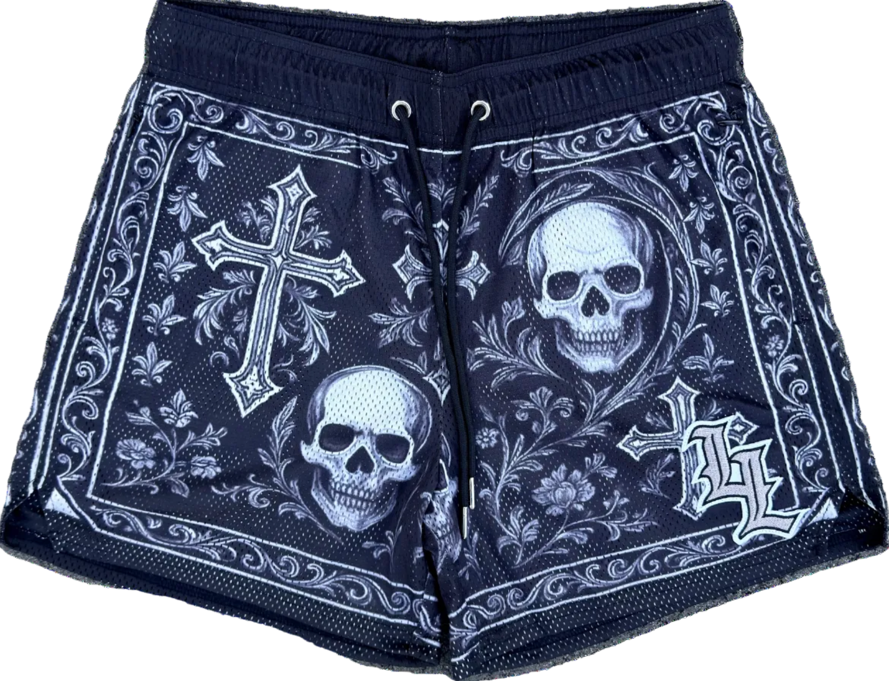Front view of black gothic skull and cross mesh gym shorts