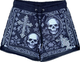 Front view of black gothic skull and cross mesh gym shorts