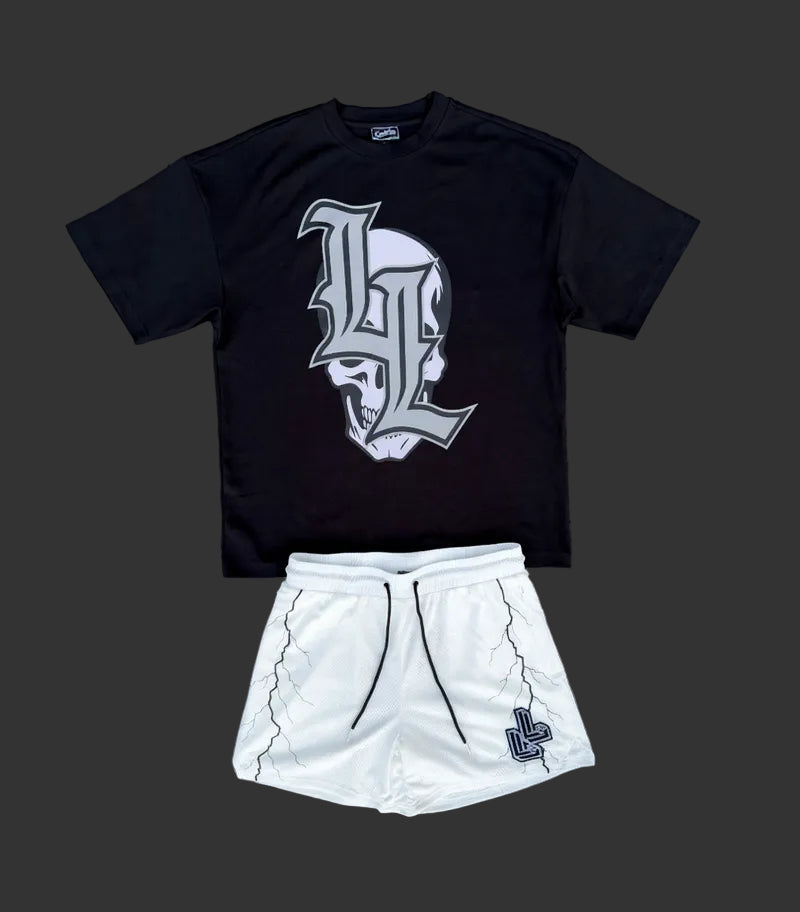 Black oversized gothic tee matched with white mesh shorts with black lightning strike.