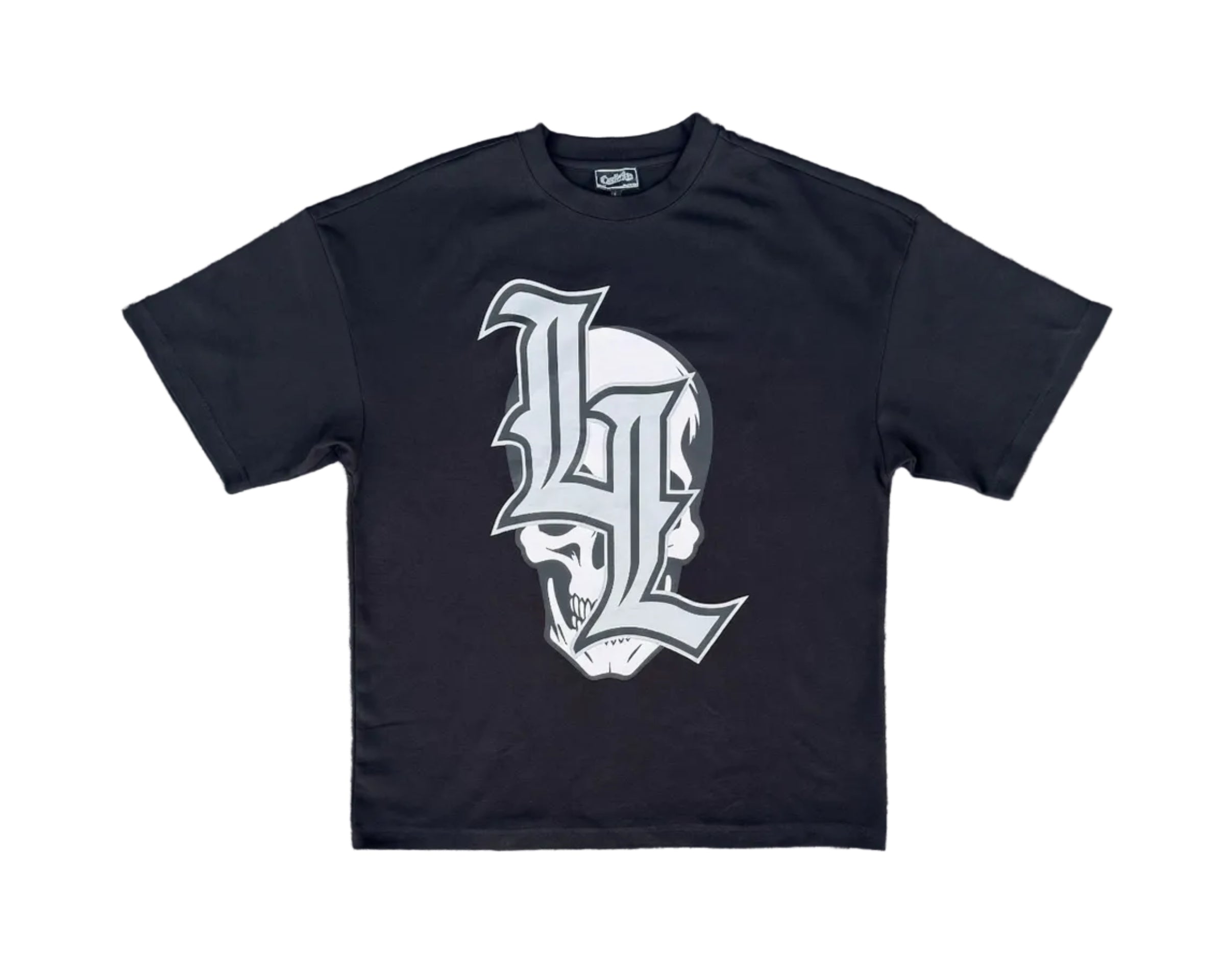 Black t-shirt with a large leg day death logo on a gray surface