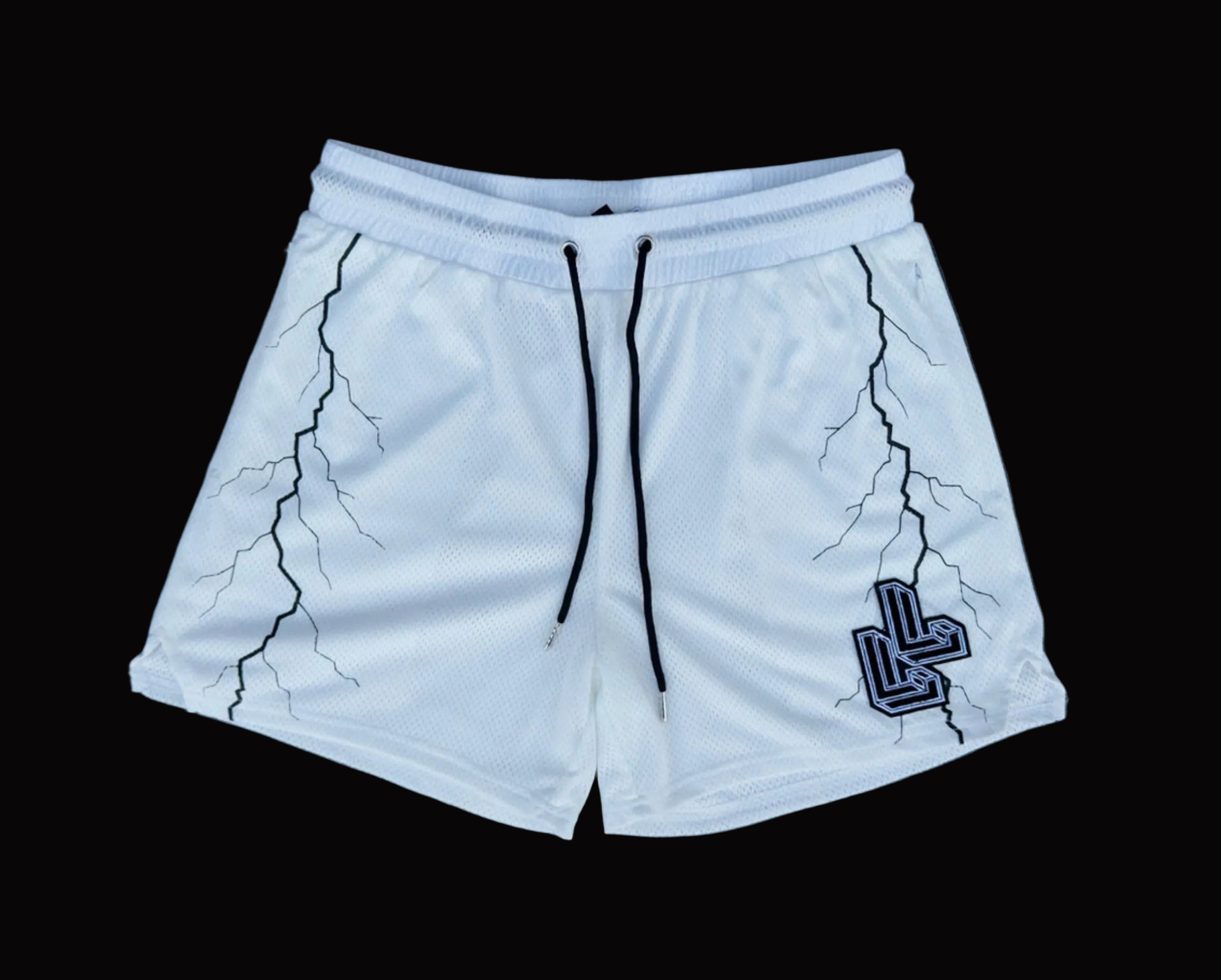 White mesh gym shorts with black lightning strike front view