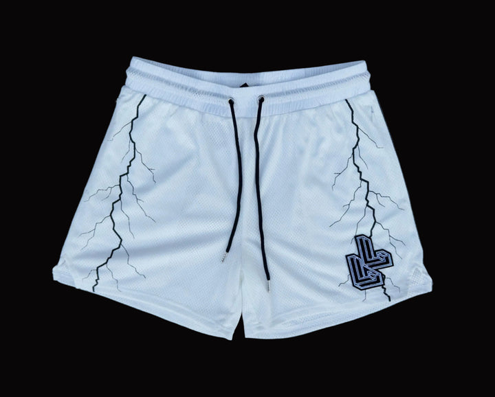 Translation missing: en.White mesh gym shorts with black lightning strike front view