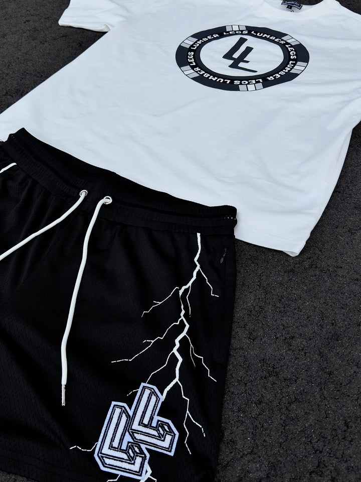 Translation missing: en.white oversized tee shirt with LL logo front view, black mesh shorts with white lightning strike