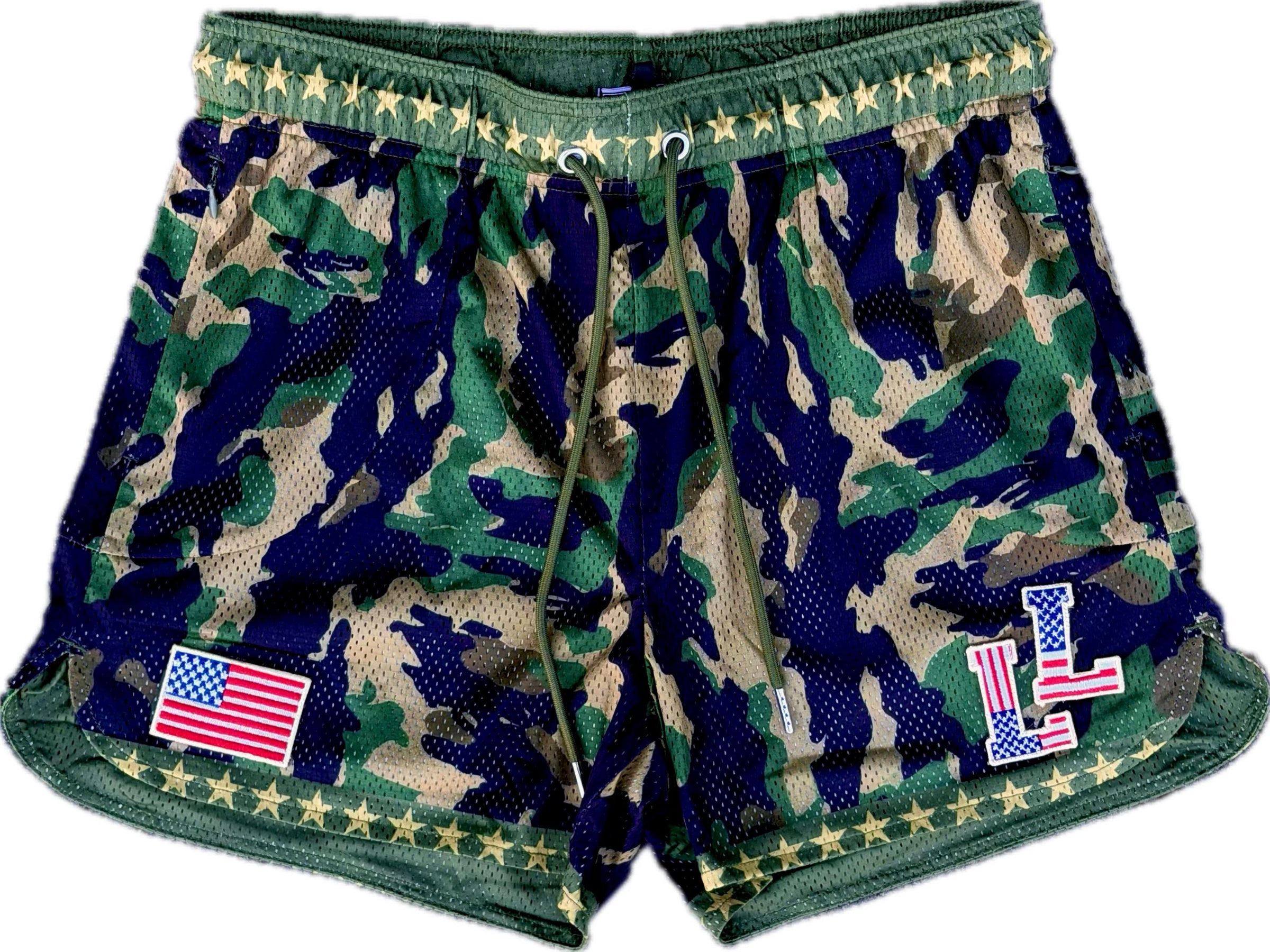 Camouflage shorts with American flag and 'LL' logo on a white background