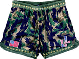 Camouflage shorts with American flag and 'LL' logo on a white background