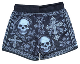 Back view of black gothic skull and cross mesh gym shorts