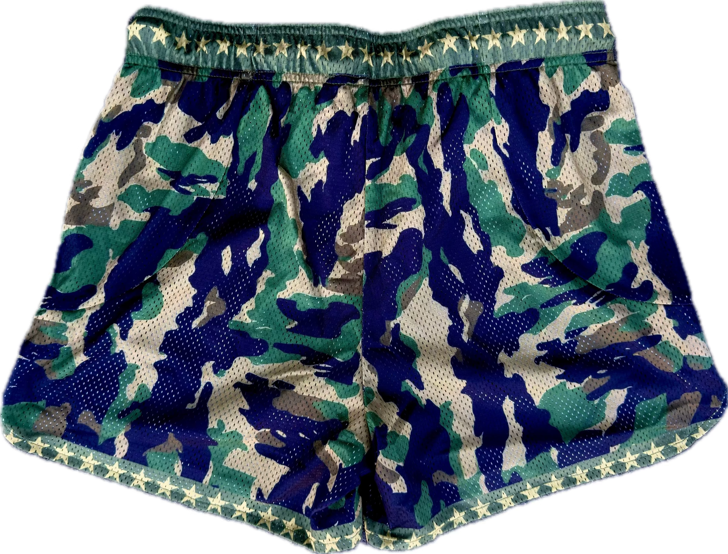 Camouflage-patterned shorts with a white background