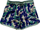 Camouflage-patterned shorts with a white background
