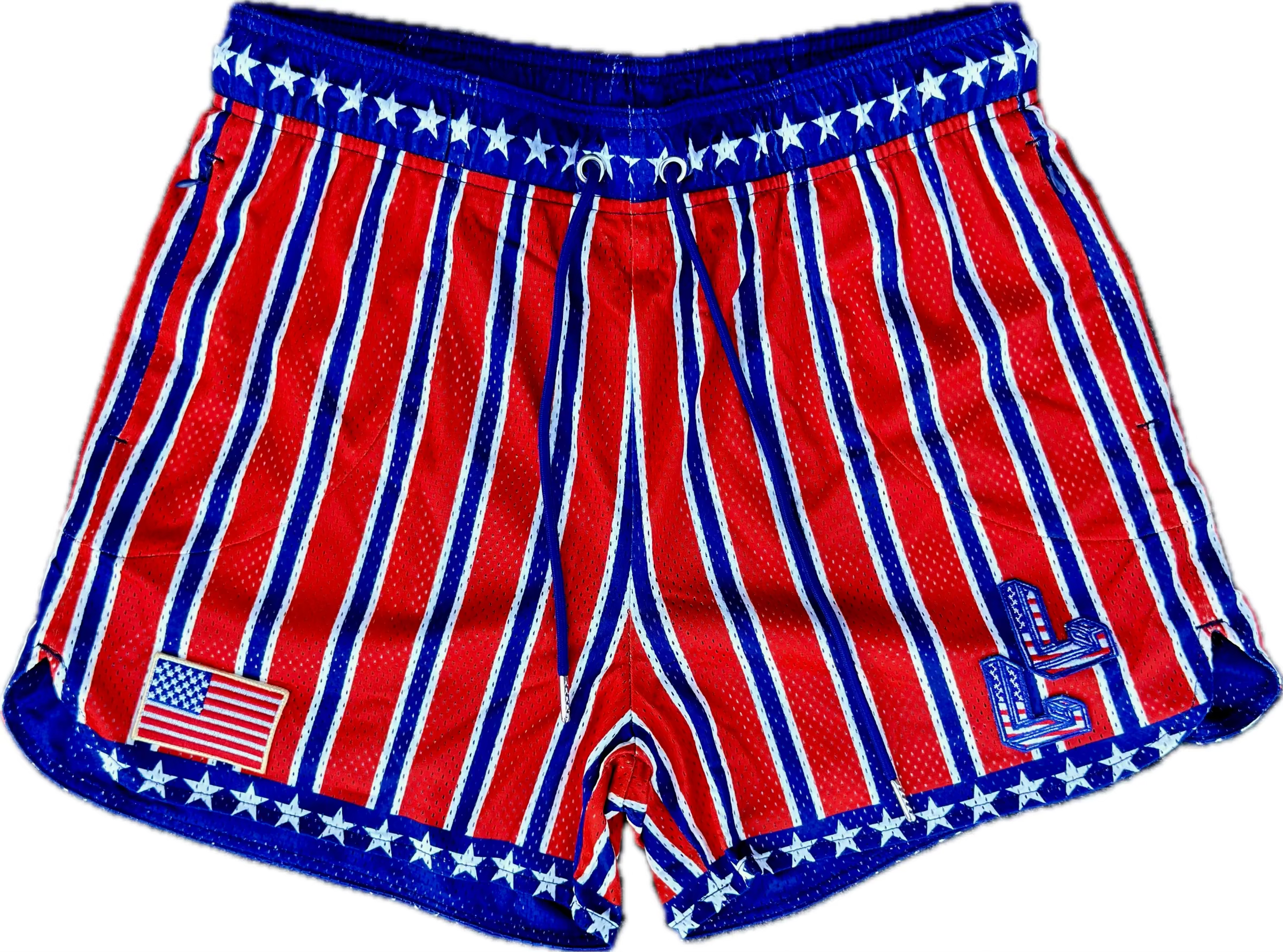 Red, white, and blue striped shorts with American flag design on a white background