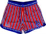 Red, white, and blue striped shorts with American flag design on a white background