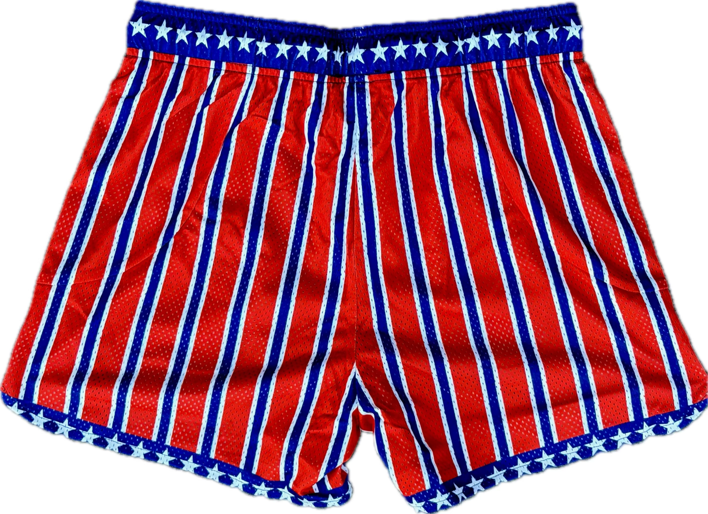 Red, white, and blue striped shorts with star accents on a white background