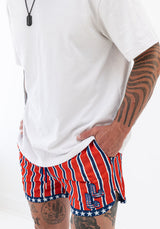 Person wearing a white t-shirt and red, white, and blue striped shorts.