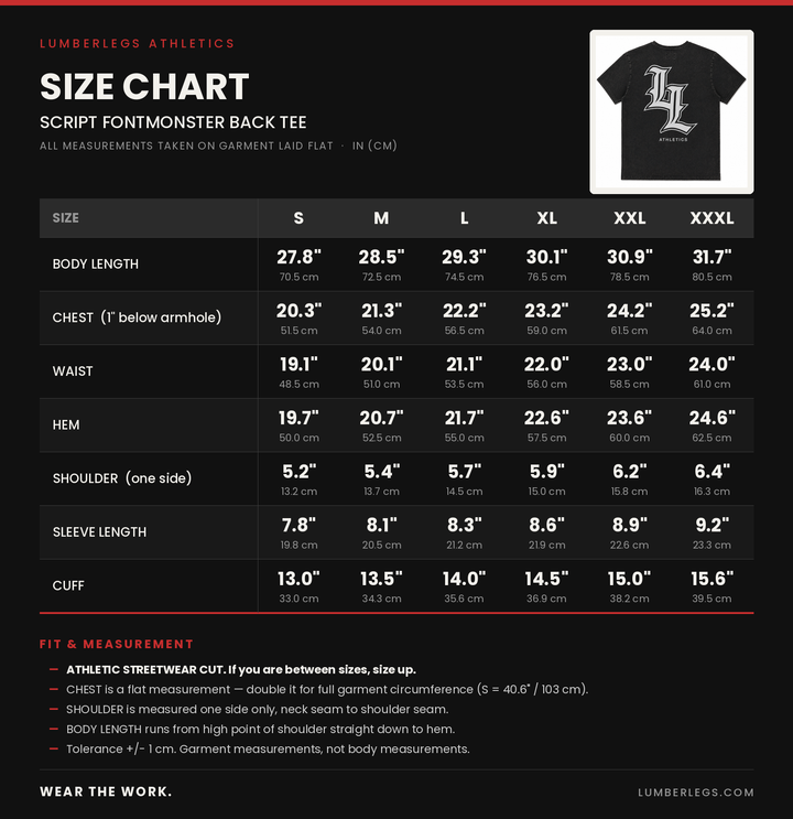 Translation missing: en.A black size chart graphic for Lumberlegs Athletics Script Fontwork Back Tee, featuring a size table from S to XXXL with body length, chest, waist, hem, shoulder, sleeve length, and cuff measurements in inches and centimeters. A small inset photo of a black T-shirt appears in the top right corner