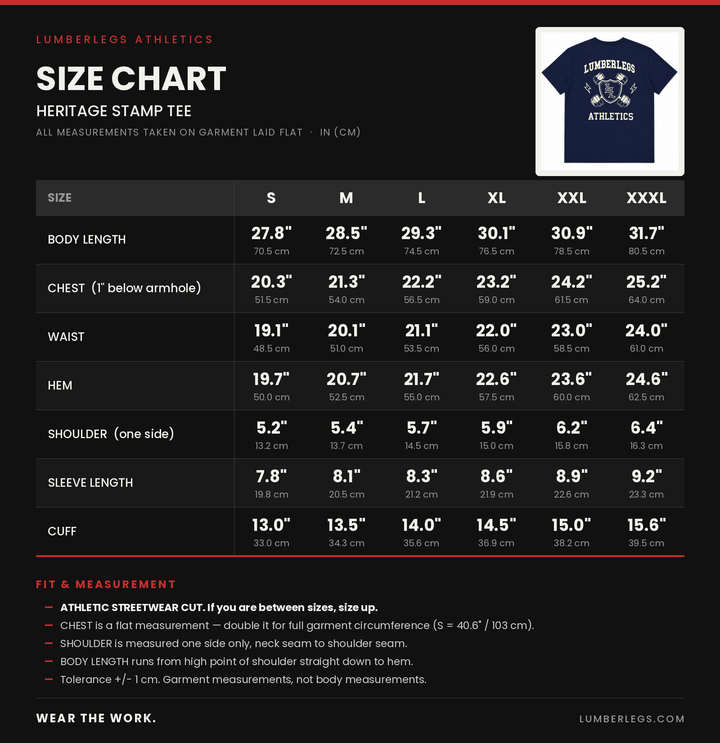 Translation missing: en.A size chart graphic for Lumberlegs Athletics Heritage Stamp Tee, showing garment measurements in centimeters for sizes S through XXXL on a dark background, with a small inset photo of a blue t-shirt in the top right