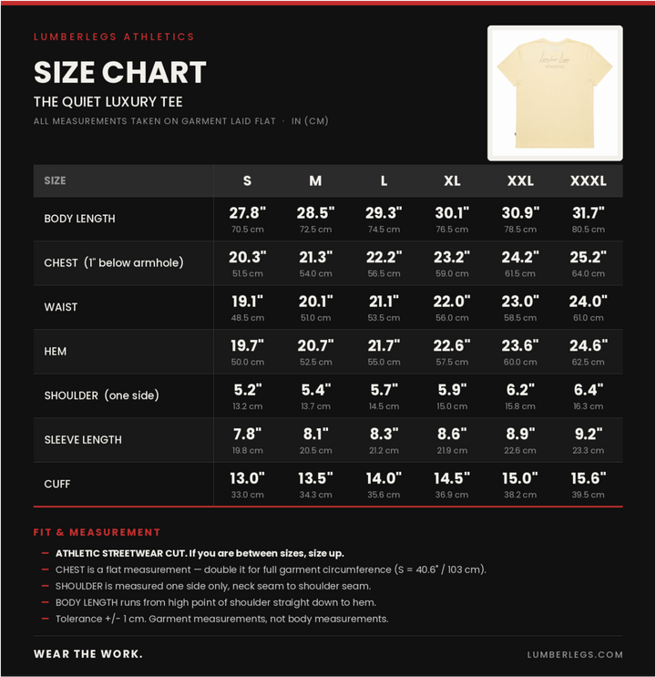 Translation missing: en.A size chart graphic for Lumberlogs Athletics' 'The Quiet Luxury Tee' showing measurements in centimeters for sizes S through XXXL, with a small product thumbnail in the top right and fit notes at the bottom