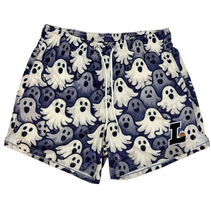 Translation missing: en.A pair of athletic shorts featuring an all-over ghost pattern in white, light blue, and a purple tint on mesh fabric. The shorts have a white drawstring and a black 'L'  with an orange pumpkin logo patch on the lower left leg